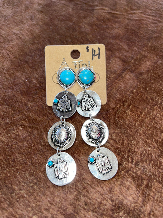 Turquoise Tiered Thunderbird Silver Earring Set