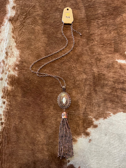 Long Copper & White oval Bead Tassel Necklace