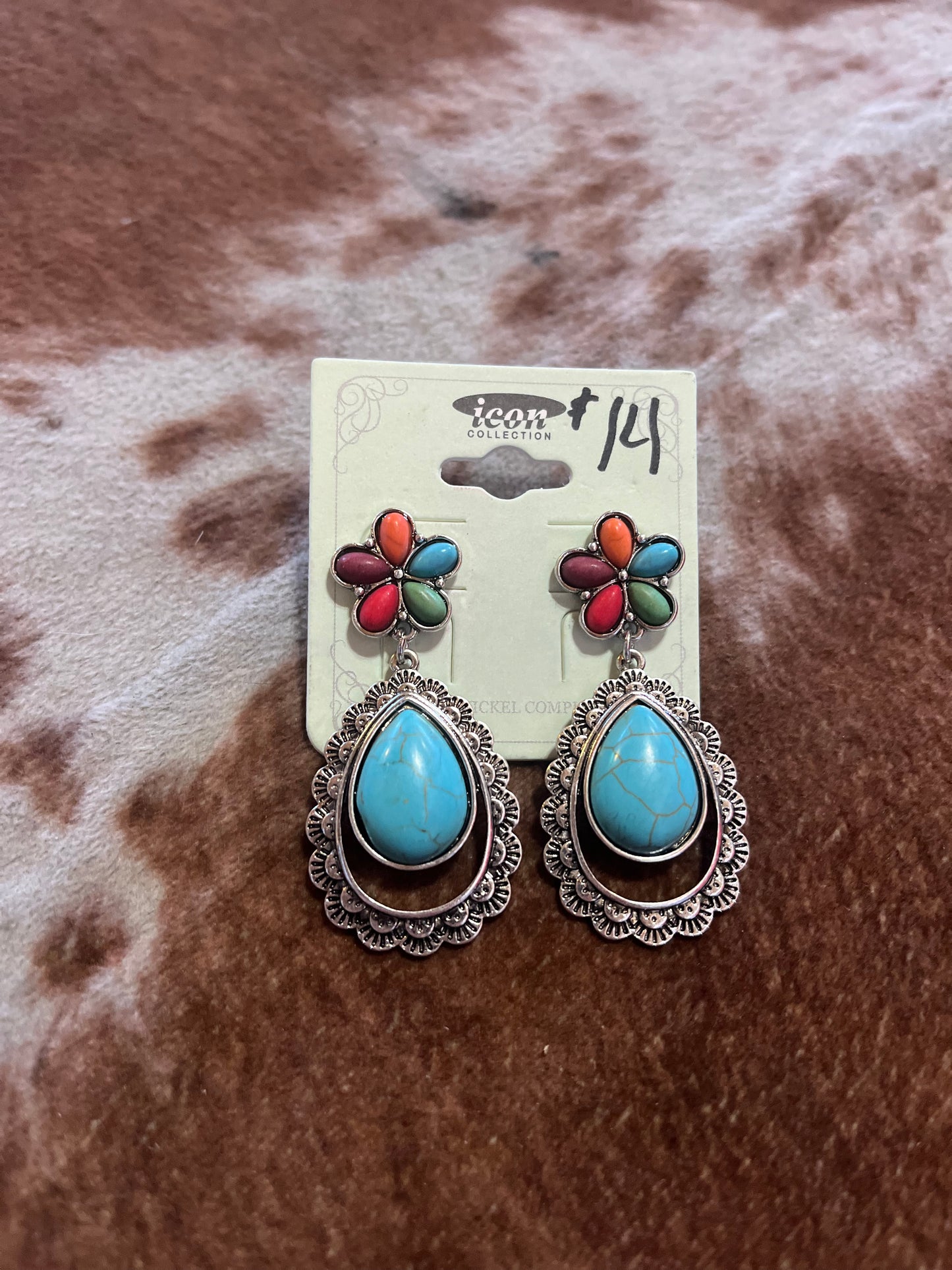 Multi-color flower with Turquoise Teardrop Earring Set