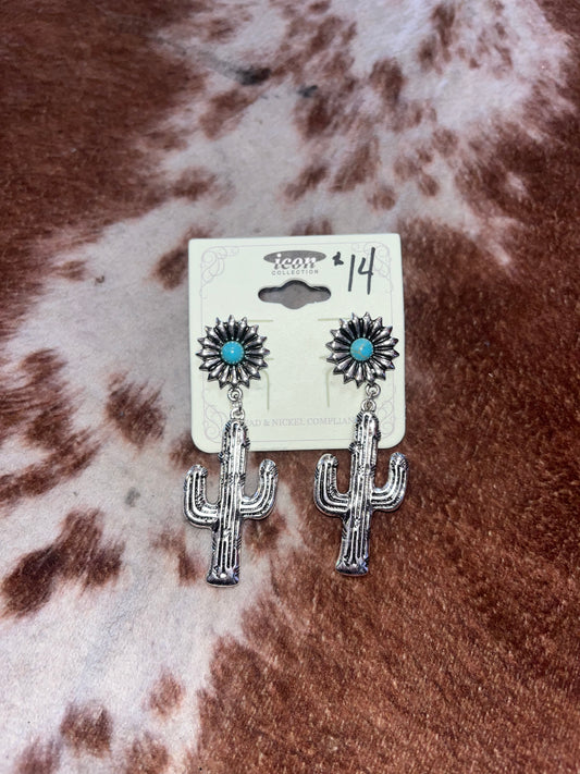 Turquoise & Silver Cactus Earring Set