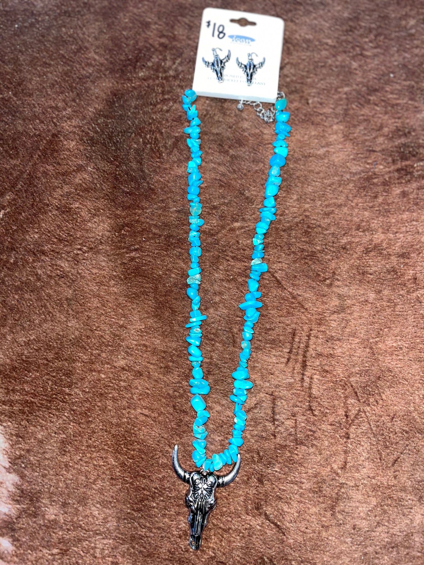 Turquoise Chip Silver Steer Skull Necklace & Earring Set