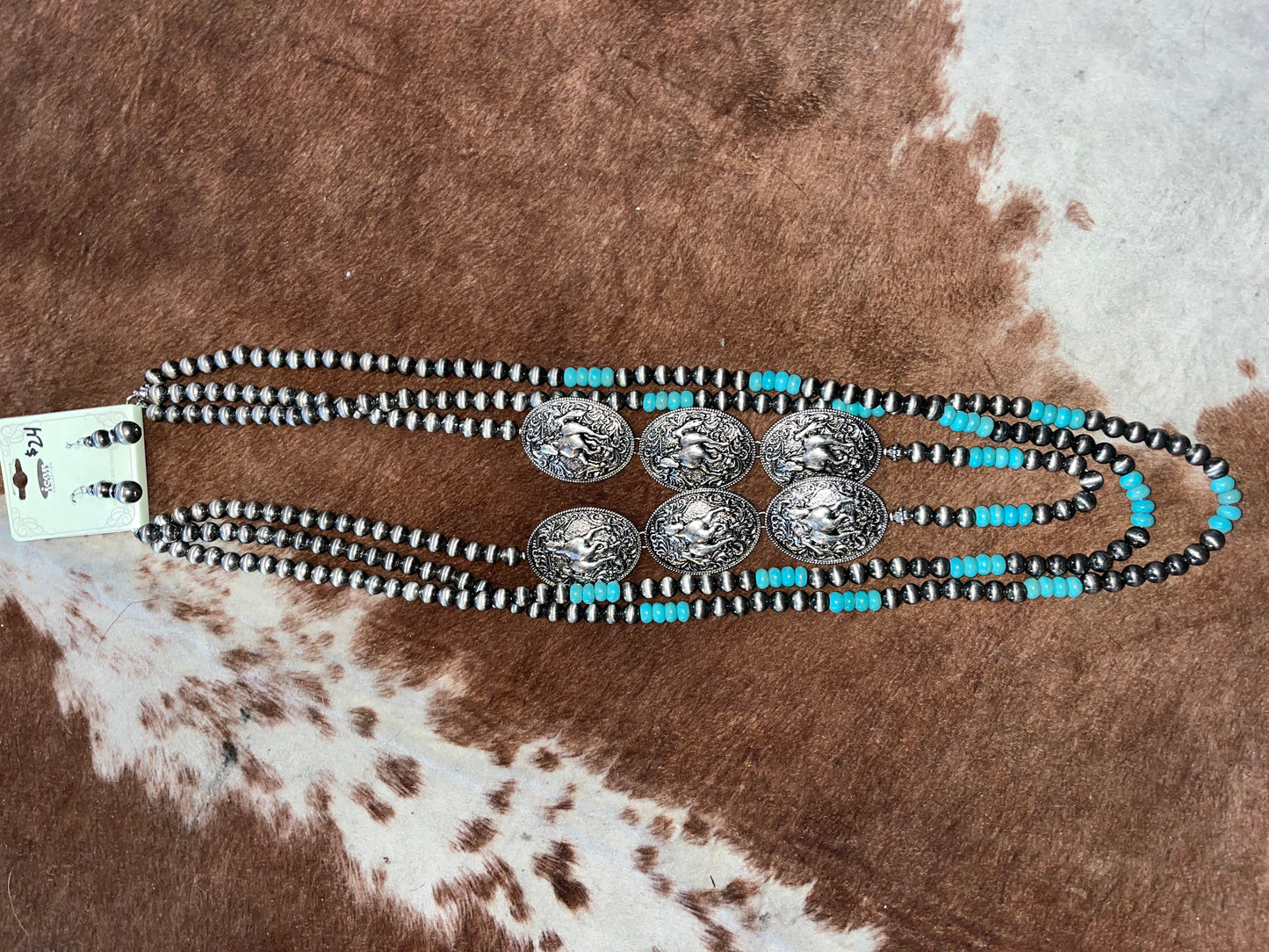 Silver Horse & Turquoise Necklace & Earring Set