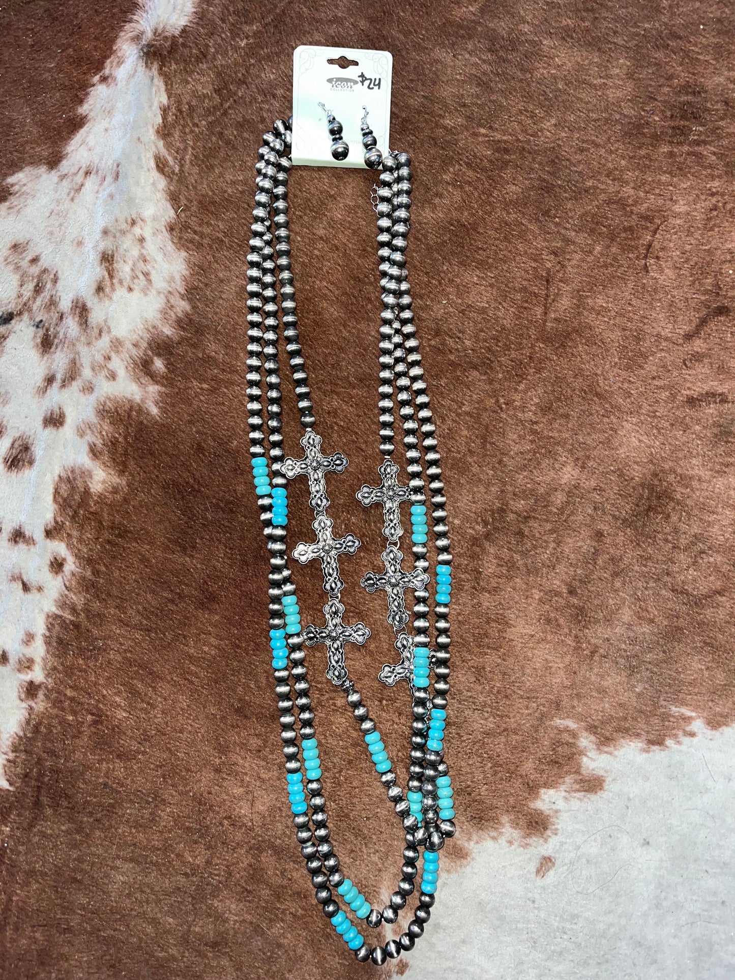 Silver Cross & Turquoise Necklace & Earring Set